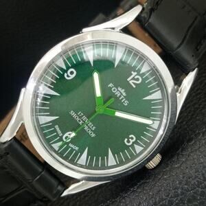 Vintage 1974 Fortis Manual Mens Silver Watch W/Leather Strap & Green accents
